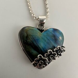 Silver Heart Pendant Necklace with Blue and Green Stone